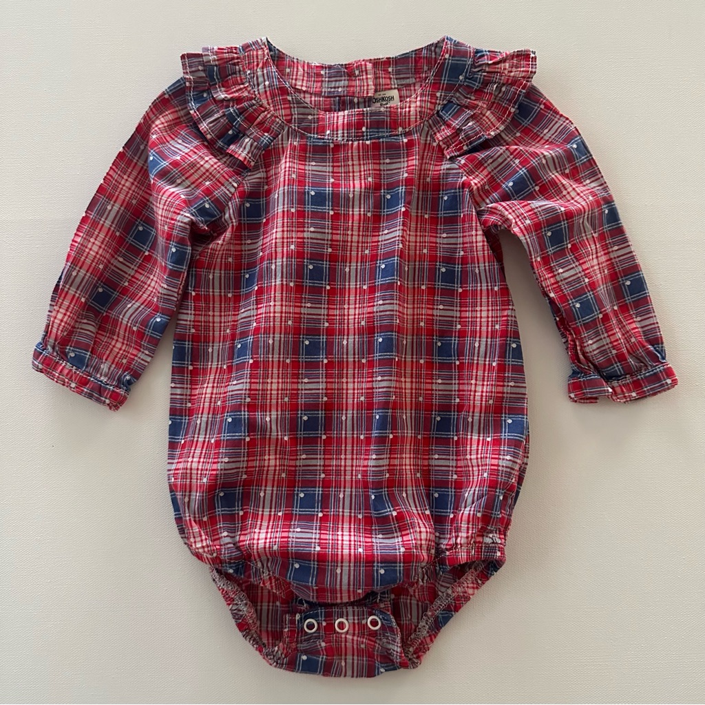 Oshkosh 12 Months Baby Girl Red Blue Plaid Ruffle Bodysuit Holiday Christmas